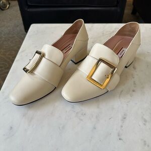 Bally Cream Loafers with Gold Buckle